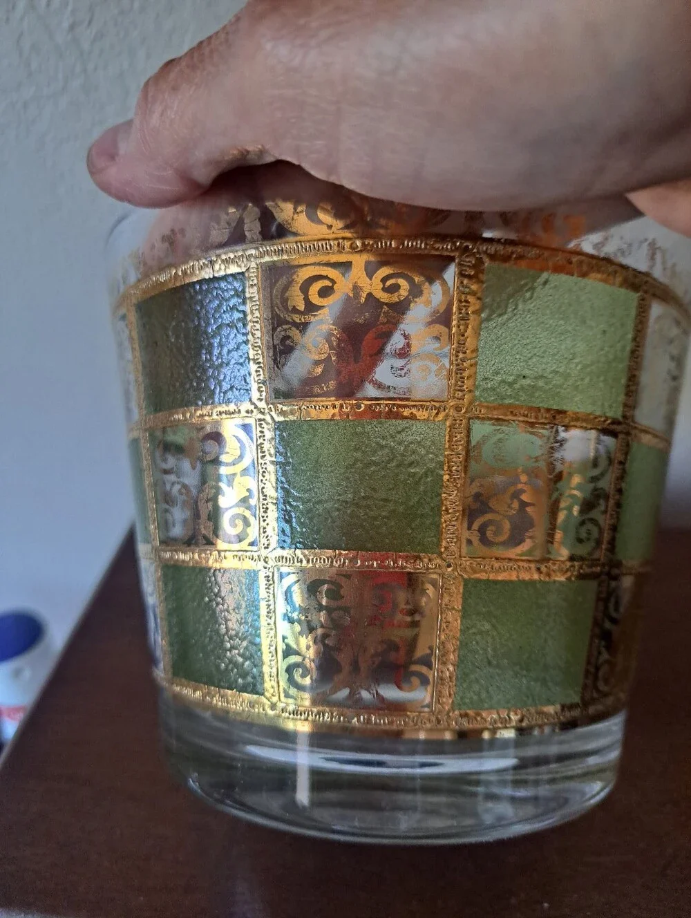 Vtg Culver Prado Glass Ice Bucket Green 22K Gold MCM Barware